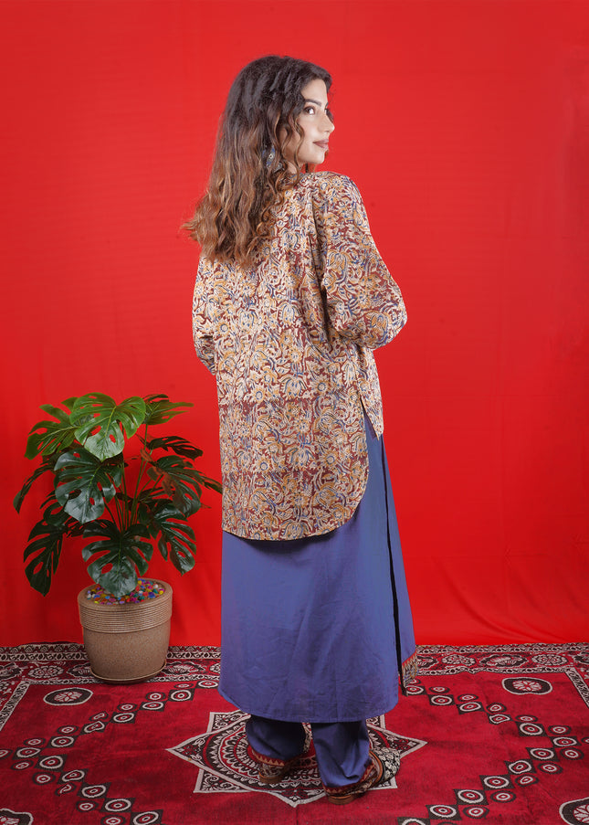 Navy Blue Sleeveless Kurta with Embroidered Neckline