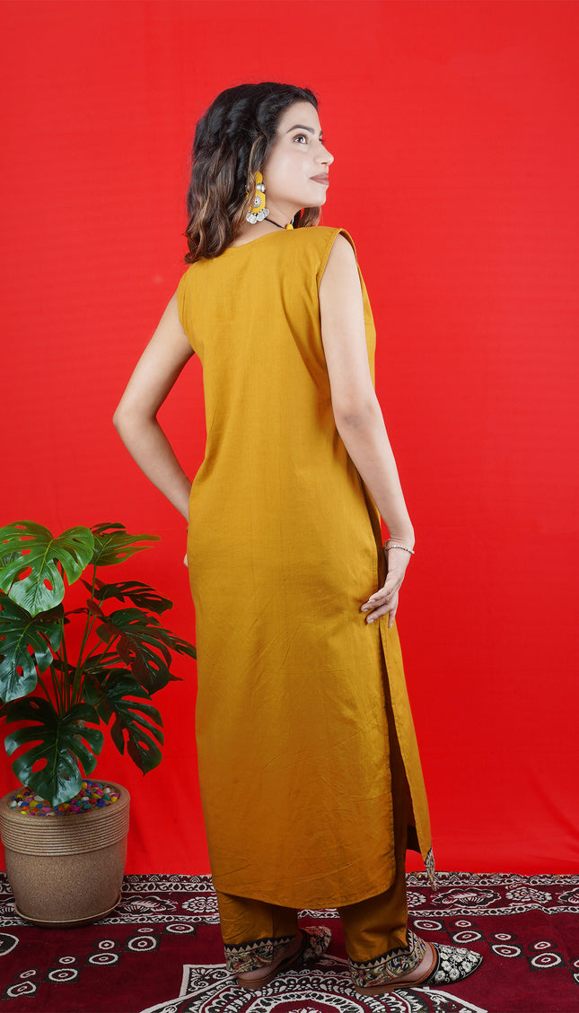 Mustard Yellow Sleeveless Kurta Set with Embroidered Neckline & Border Pants