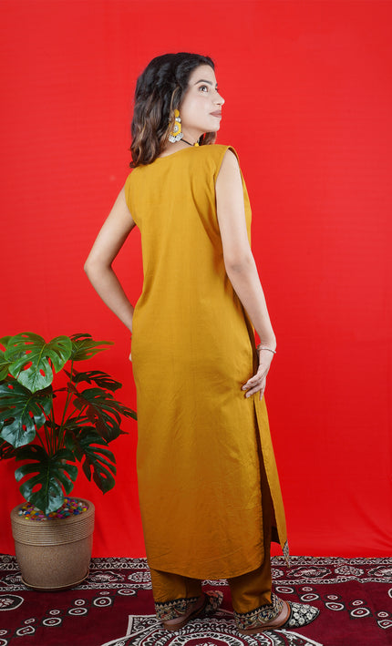 Mustard Yellow Sleeveless Kurta Set with Embroidered Neckline & Border Pants