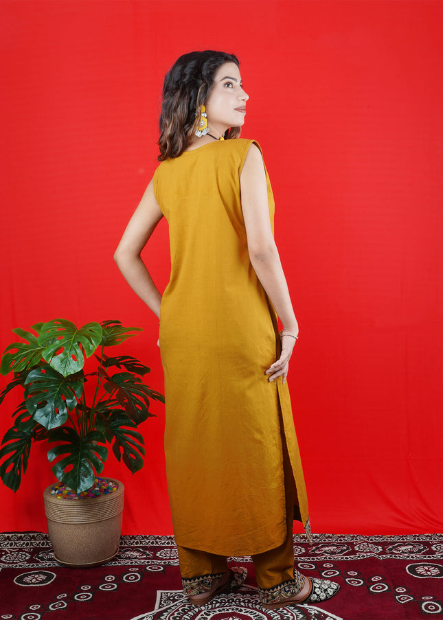 Mustard Yellow Sleeveless Kurta Set with Embroidered Neckline & Border Pants