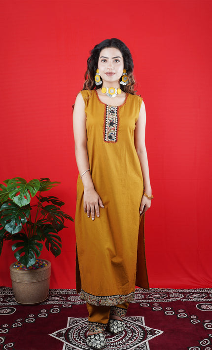 Mustard Yellow Sleeveless Kurta Set with Embroidered Neckline & Border Pants