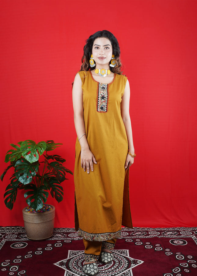 Mustard Yellow Sleeveless Kurta Set with Embroidered Neckline & Border Pants