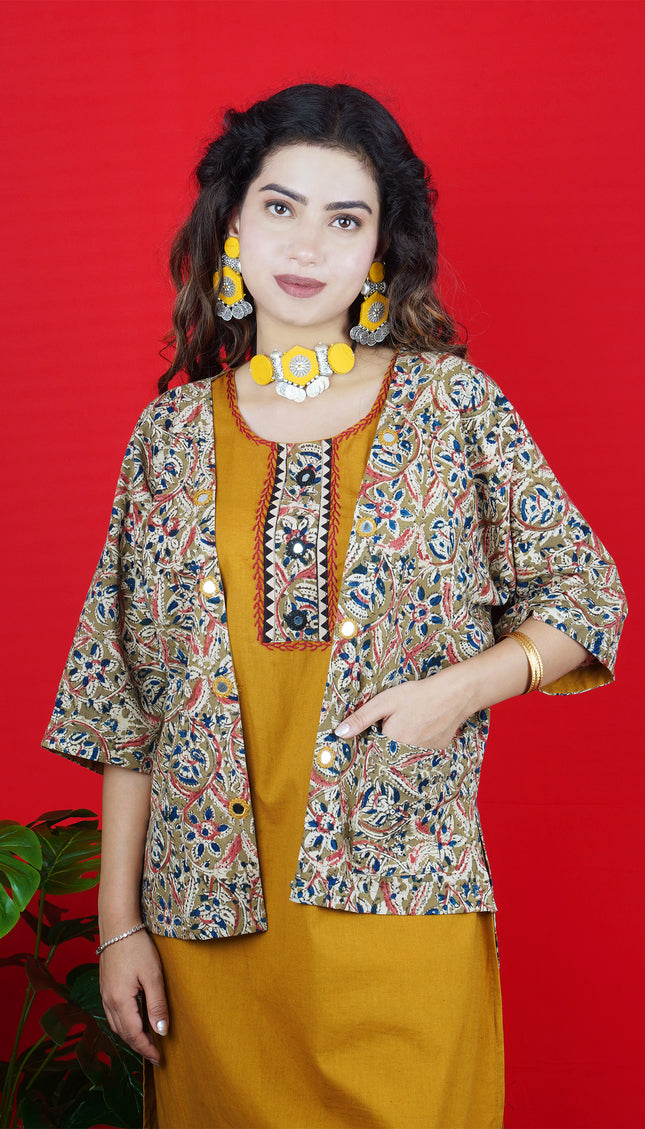 Mustard Yellow Sleeveless Kurta Pant with Jacket Set