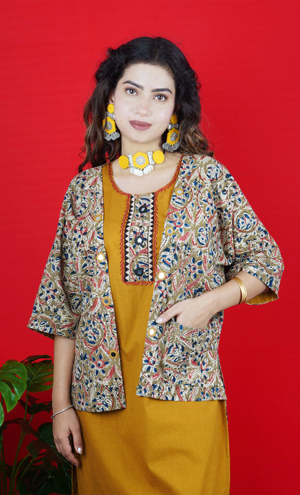 Mustard Yellow Sleeveless Kurta Set with Embroidered Neckline & Border Pants