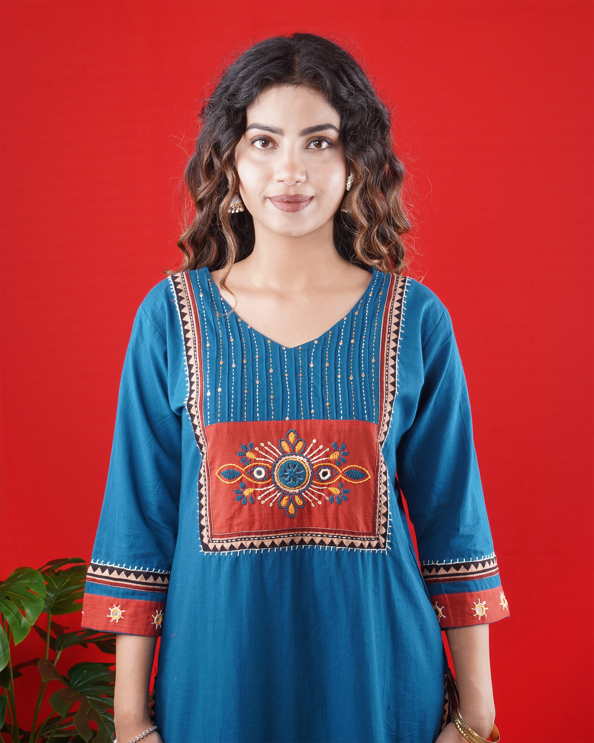 Teal Blue Handcrafted Kurta Set with Embroidered Yoke & Straight Pants