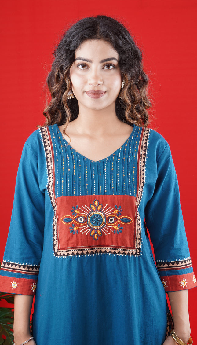 Teal Blue Handcrafted Kurta Set with Embroidered Yoke & Straight Pants