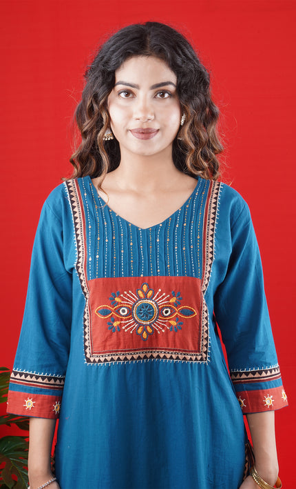 Teal Blue Handcrafted Kurta Set with Embroidered Yoke & Straight Pants