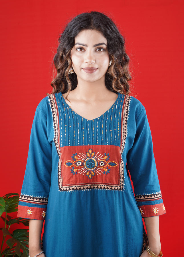Teal Blue Handcrafted Kurta Set with Embroidered Yoke & Straight Pants