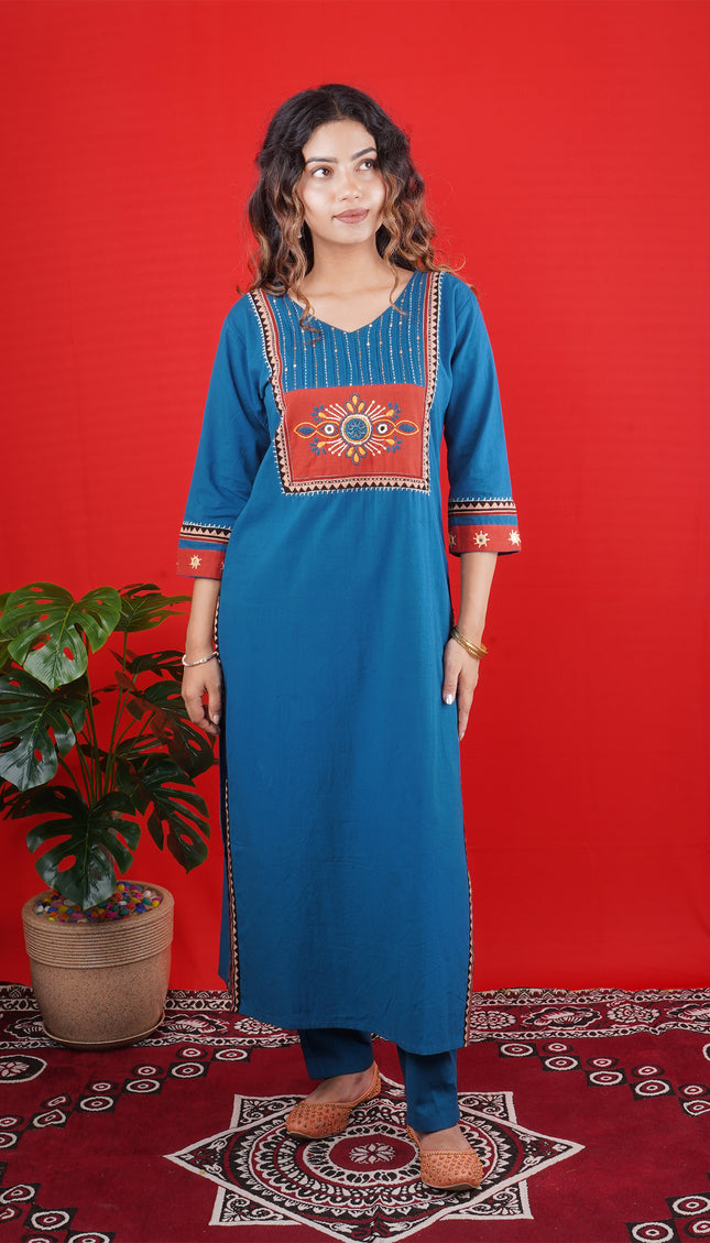 Blue Kurta Set With Red Embroidery For Women