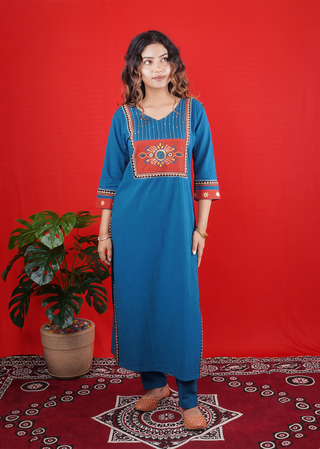 Teal Blue Handcrafted Kurta Set with Embroidered Yoke & Straight Pants