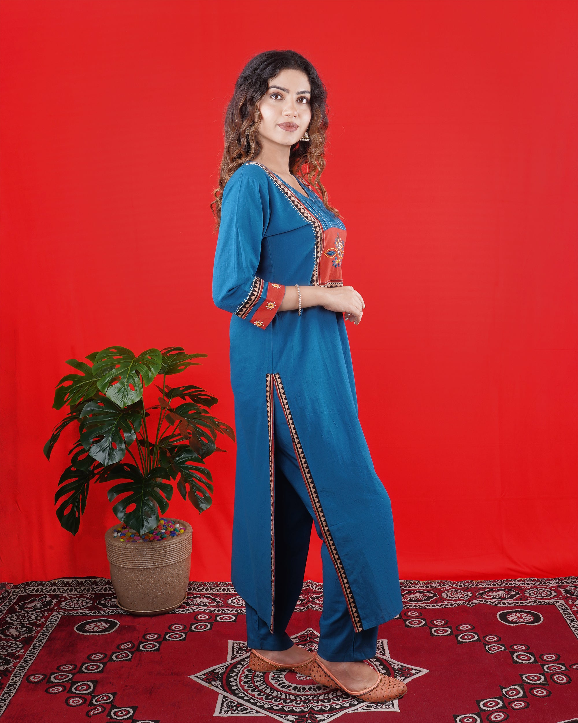 Teal Blue Handcrafted Kurta Set with Embroidered Yoke & Straight Pants