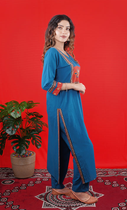 Teal Blue Handcrafted Kurta Set with Embroidered Yoke & Straight Pants