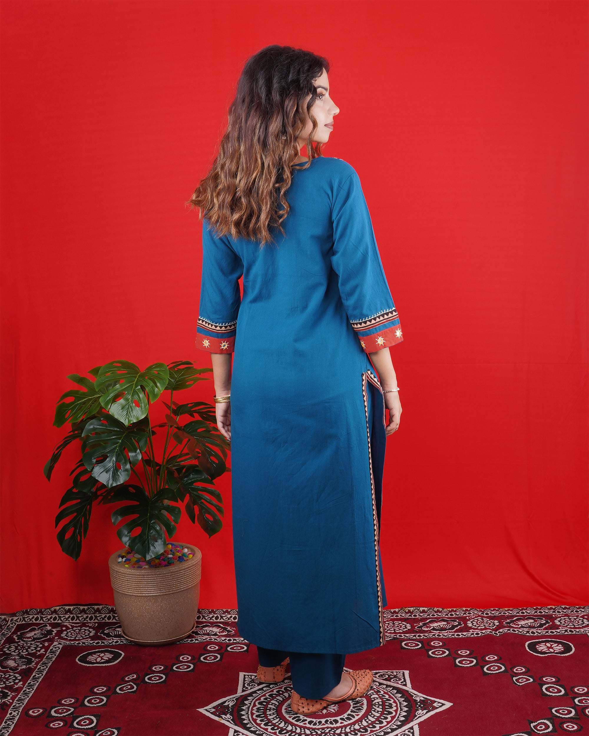 Teal Blue Handcrafted Kurta Set with Embroidered Yoke & Straight Pants