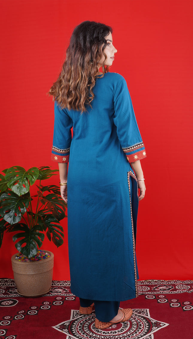 Teal Blue Handcrafted Kurta Set with Embroidered Yoke & Straight Pants