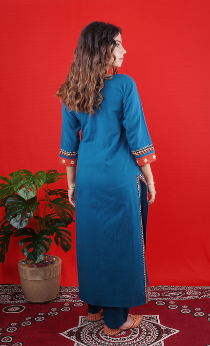 Teal Blue Handcrafted Kurta Set with Embroidered Yoke & Straight Pants