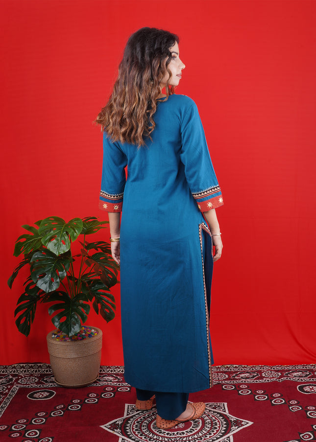 Teal Blue Handcrafted Kurta Set with Embroidered Yoke & Straight Pants