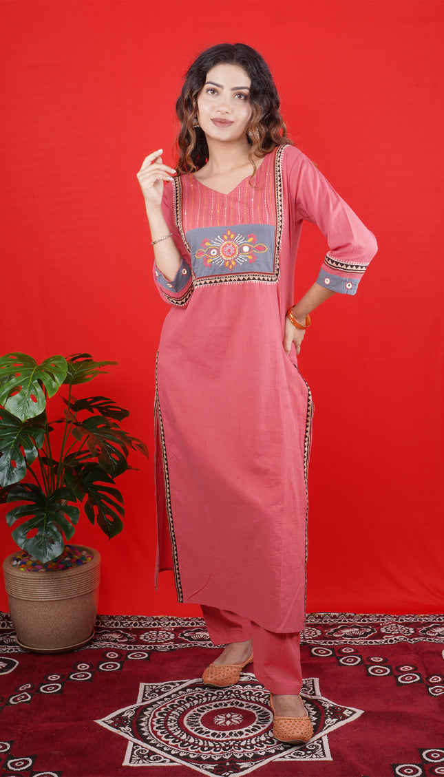 Rose Pink Kurta Set with Grey Embroidered Yoke & Straight Pants