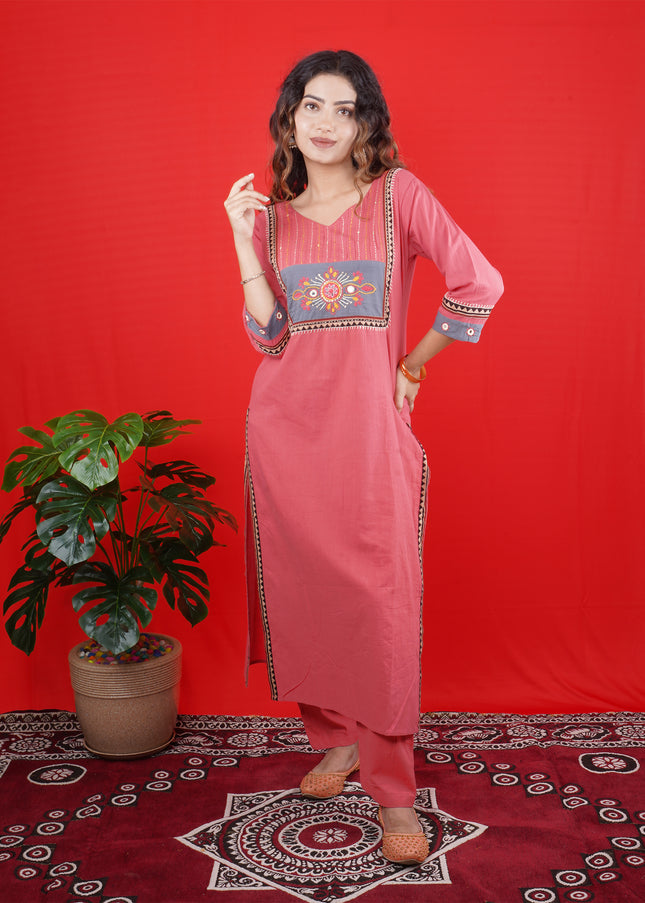 Rose Pink Kurta Set with Grey Embroidered Yoke & Straight Pants