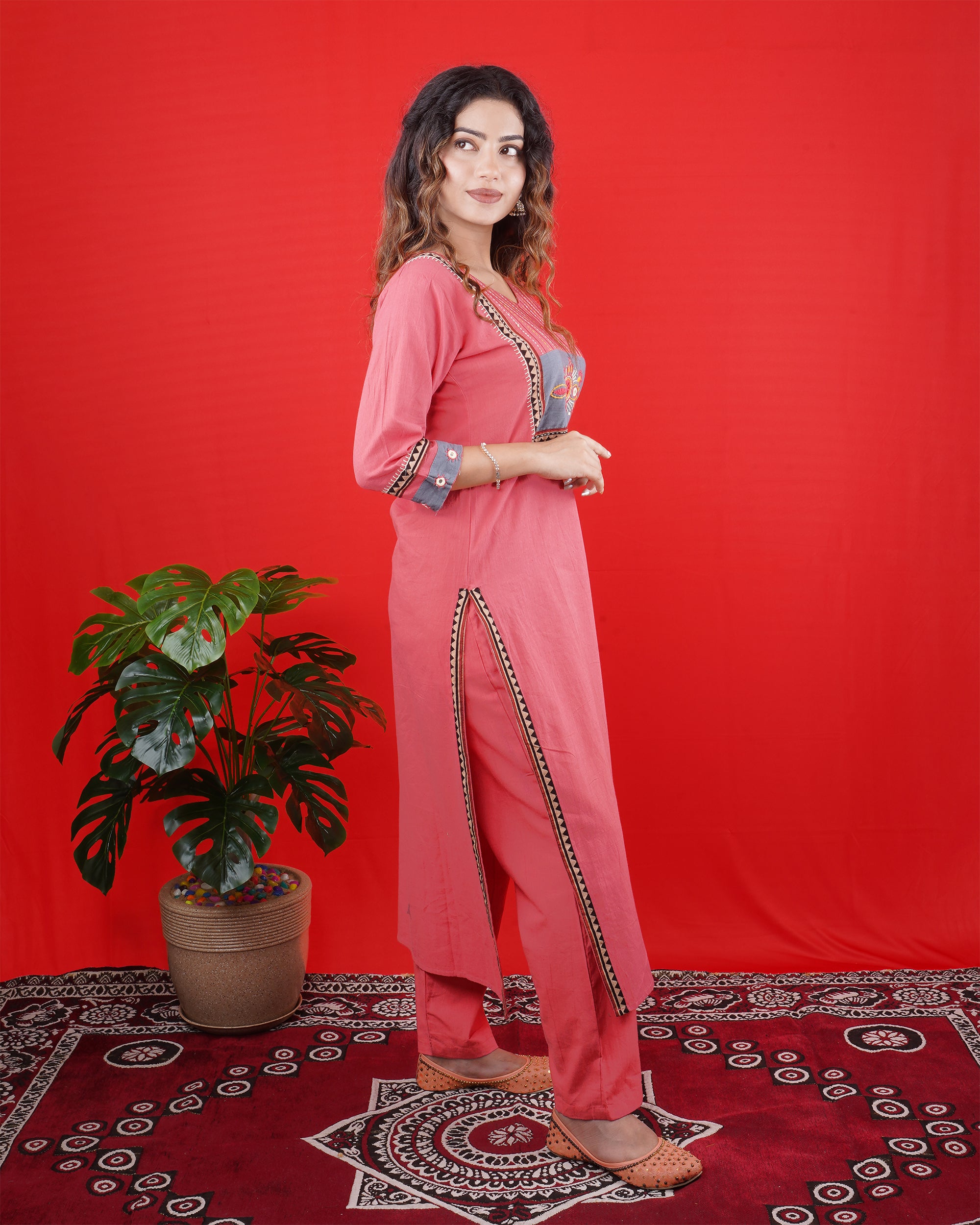 Rose Pink Kurta Set with Grey Embroidered Yoke & Straight Pants