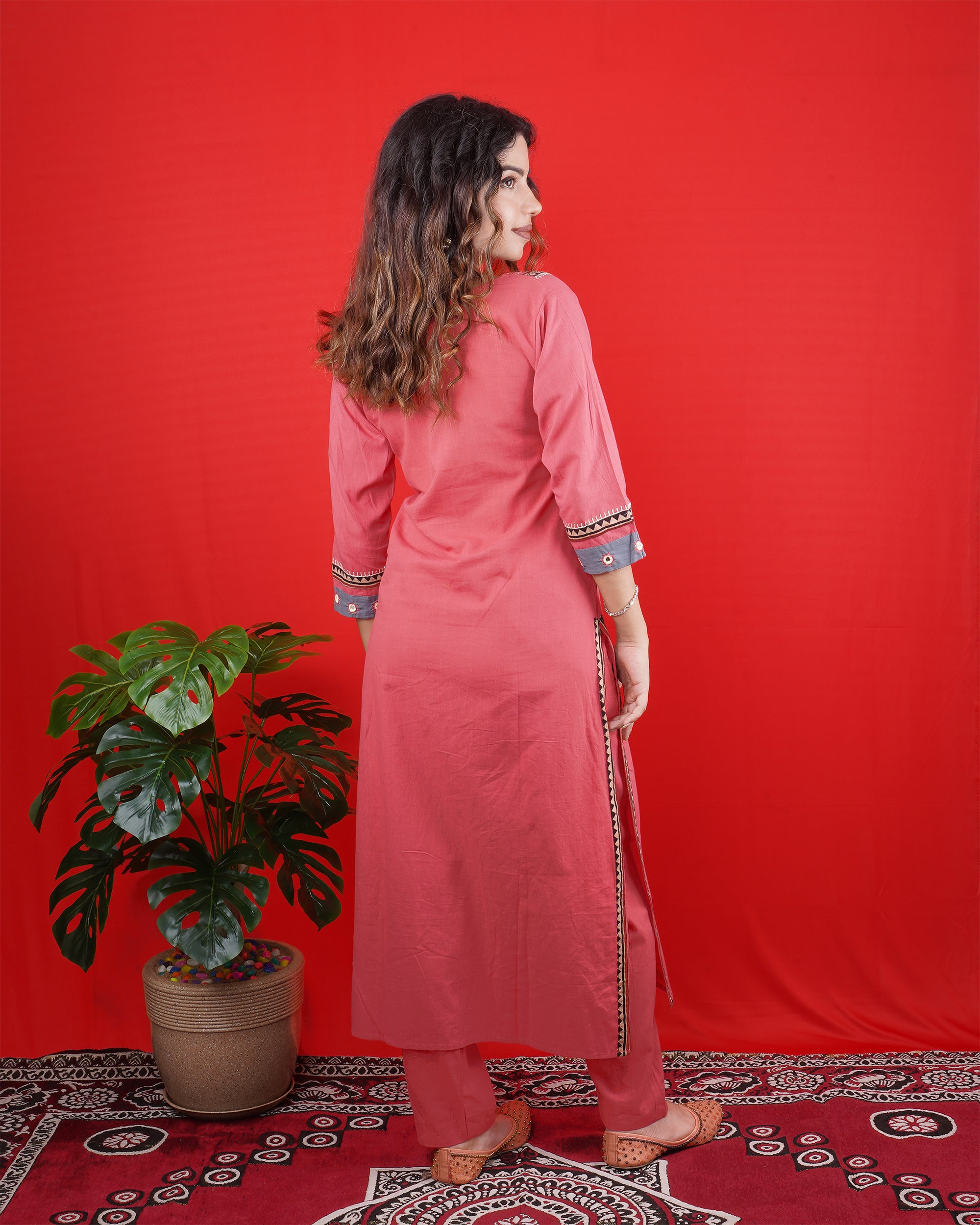 Rose Pink Kurta Set with Grey Embroidered Yoke & Straight Pants