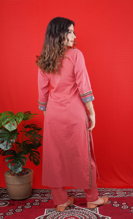 Rose Pink Kurta Set with Grey Embroidered Yoke & Straight Pants