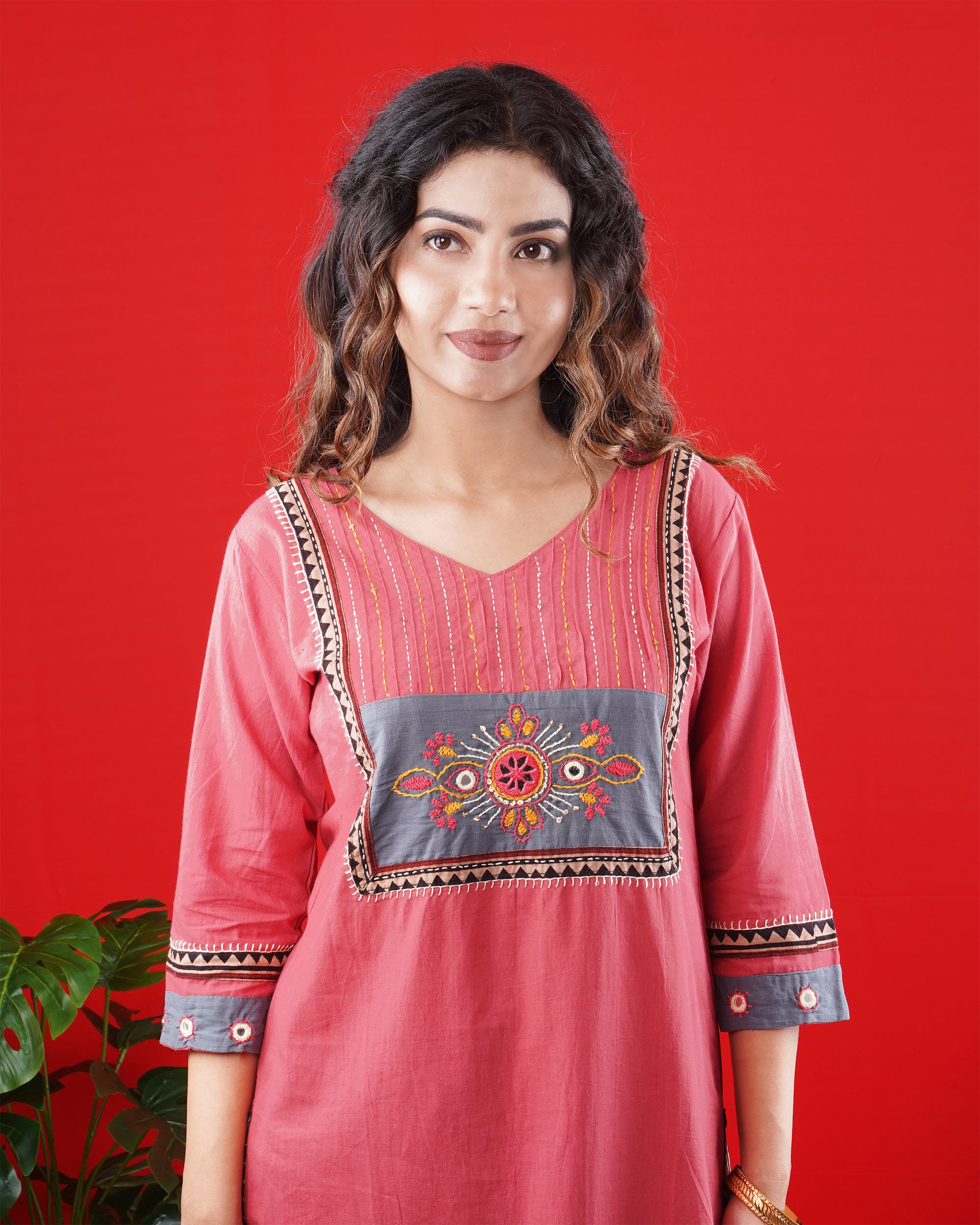 Rose Pink Kurta Set with Grey Embroidered Yoke & Straight Pants