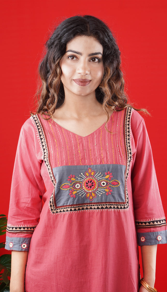 Rose Pink Kurta Set with Grey Embroidered Yoke & Straight Pants