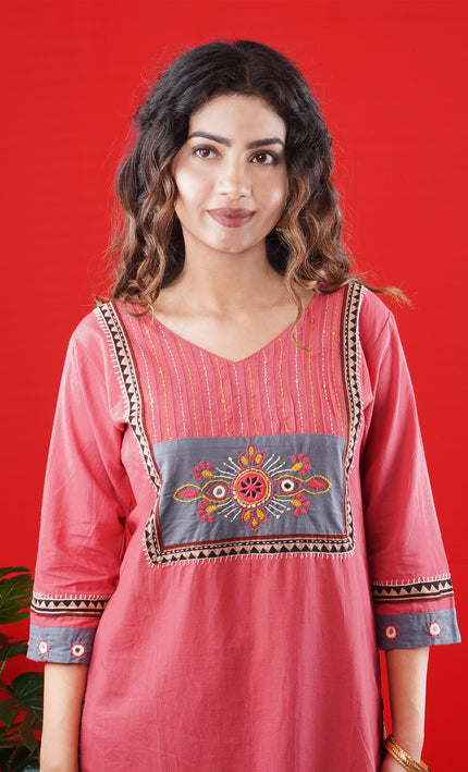 Rose Pink Kurta Set with Grey Embroidered Yoke & Straight Pants