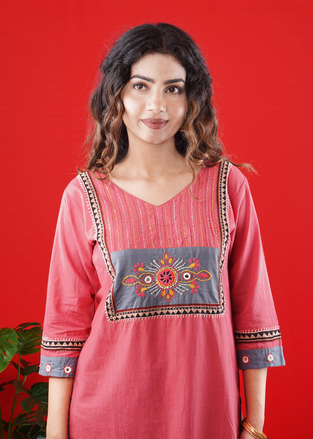 Rose Pink Kurta Set with Grey Embroidered Yoke & Straight Pants