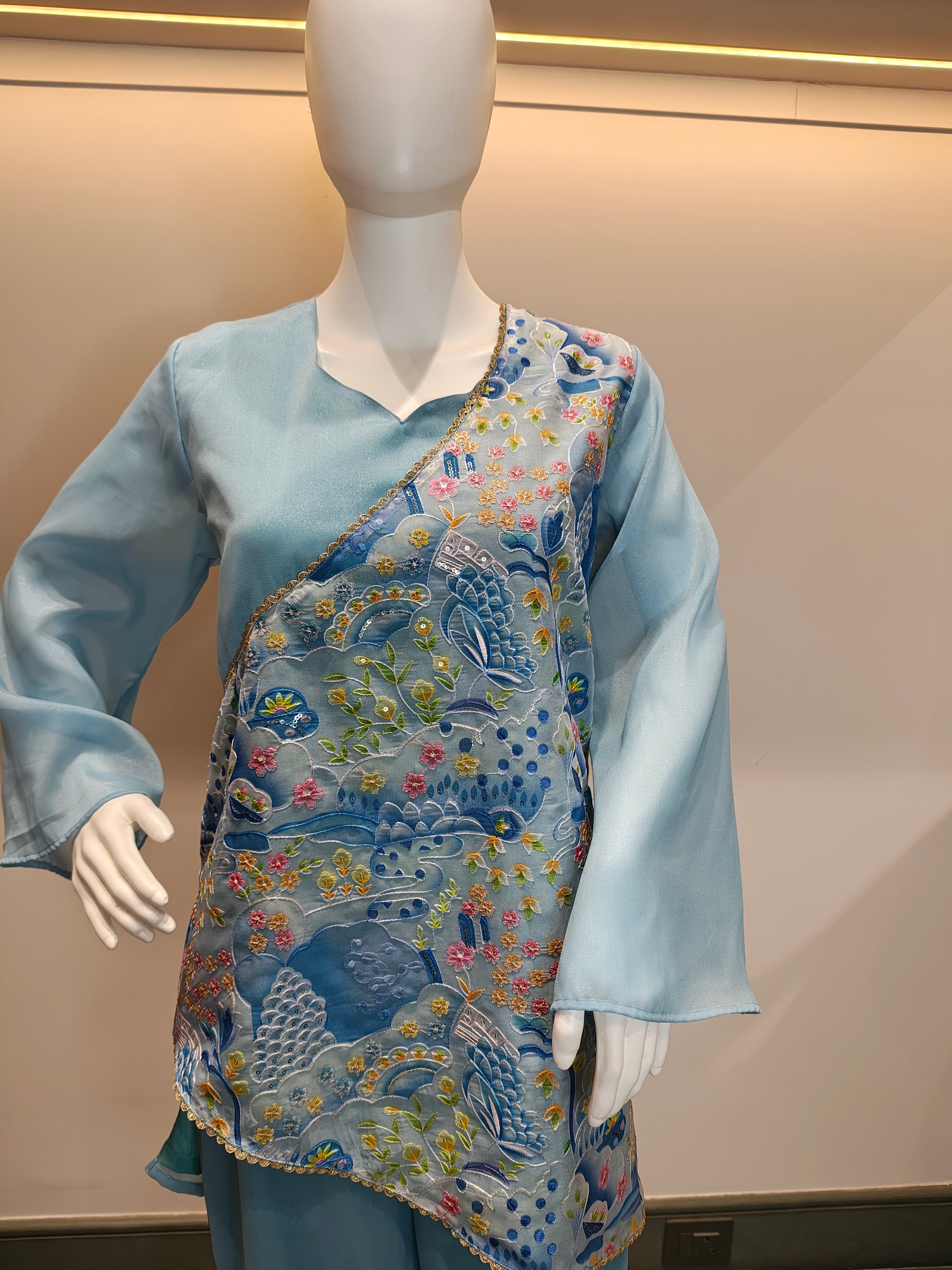 Sky Blue Draped Floral Fusion Co-ord Set