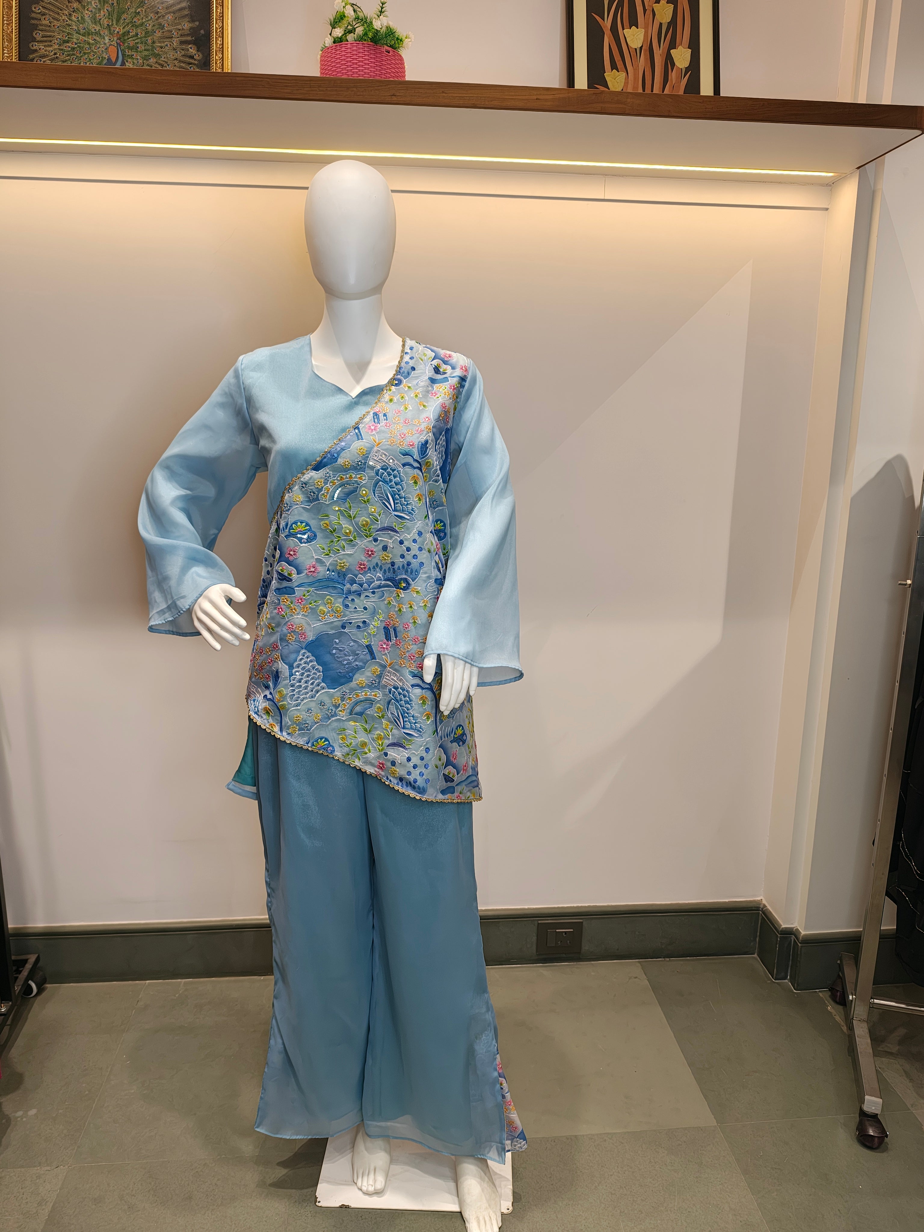 Sky Blue Draped Floral Fusion Co-ord Set