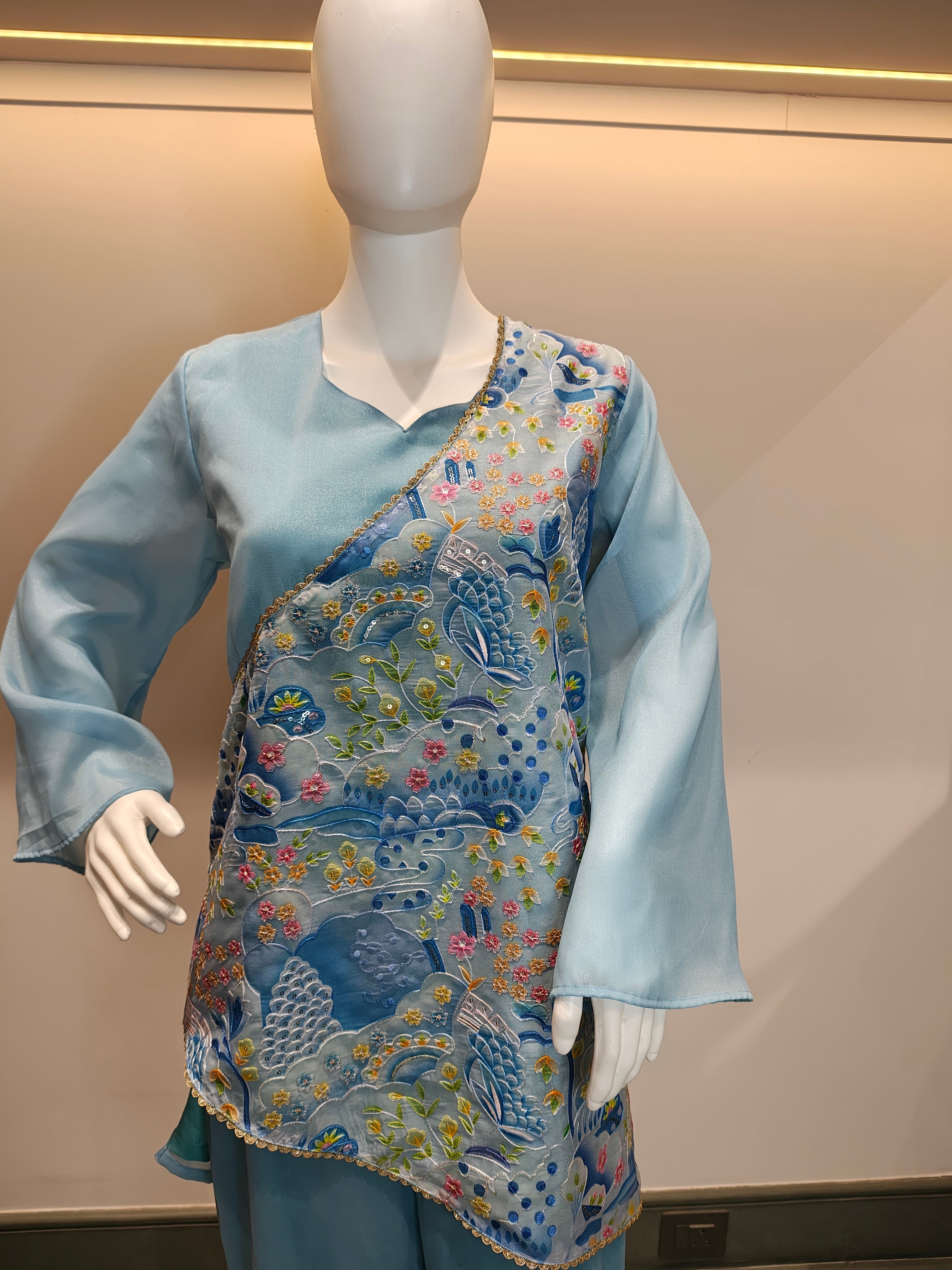 Sky Blue Draped Floral Fusion Co-ord Set
