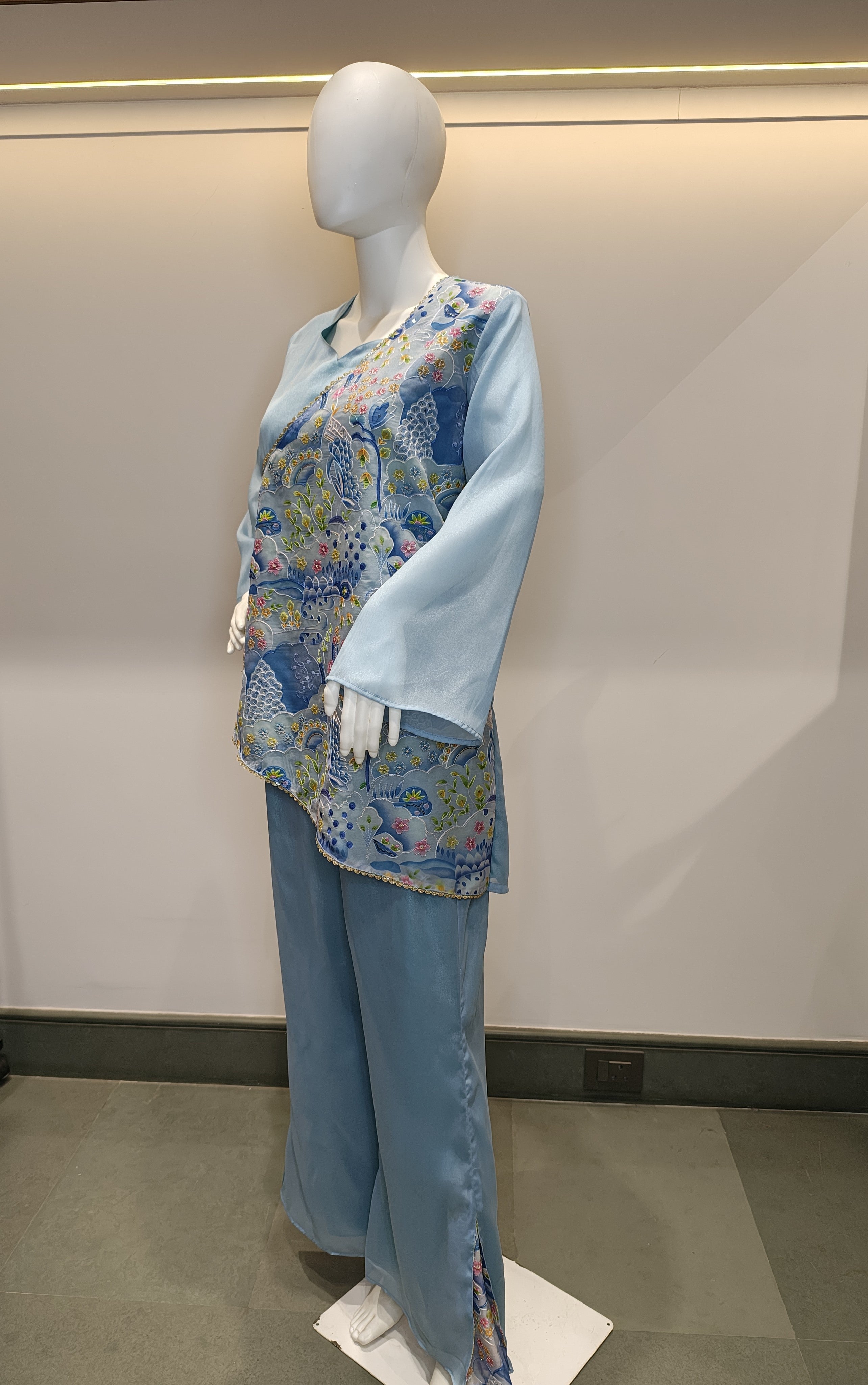 Sky Blue Draped Floral Fusion Co-ord Set