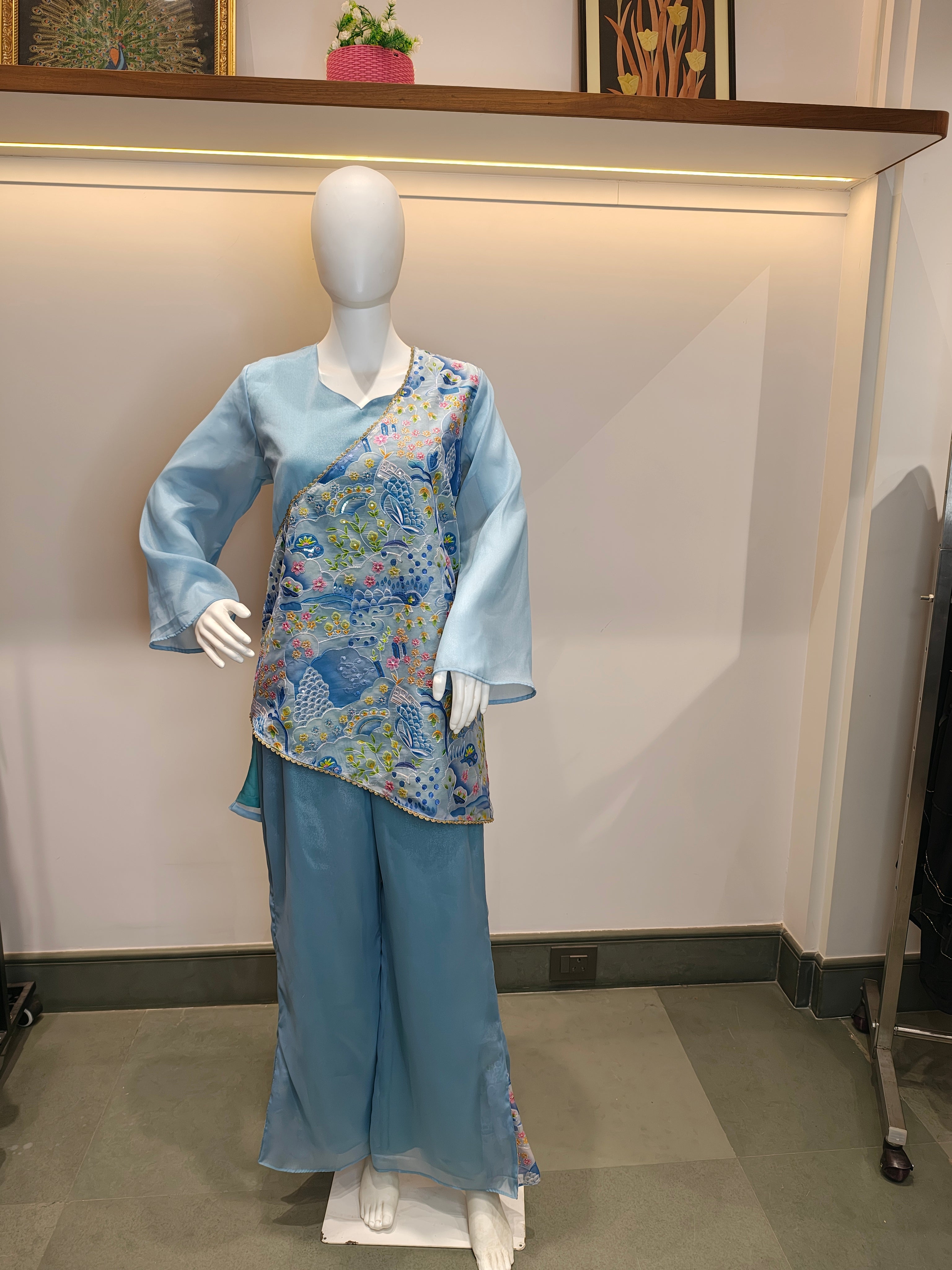 Sky Blue Draped Floral Fusion Co-ord Set