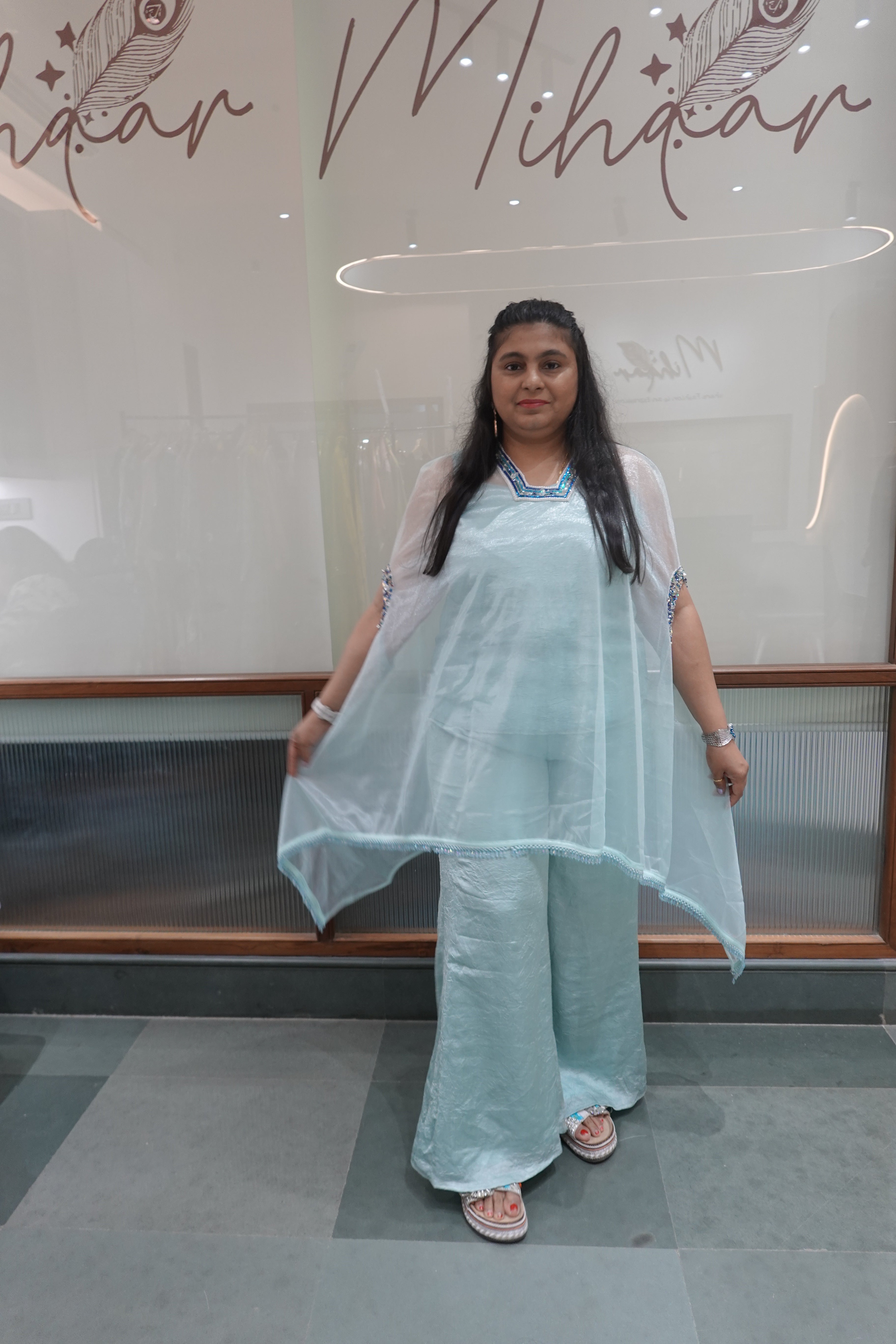 Icy Blue Cape-Style Cord Set with Embroidered Details