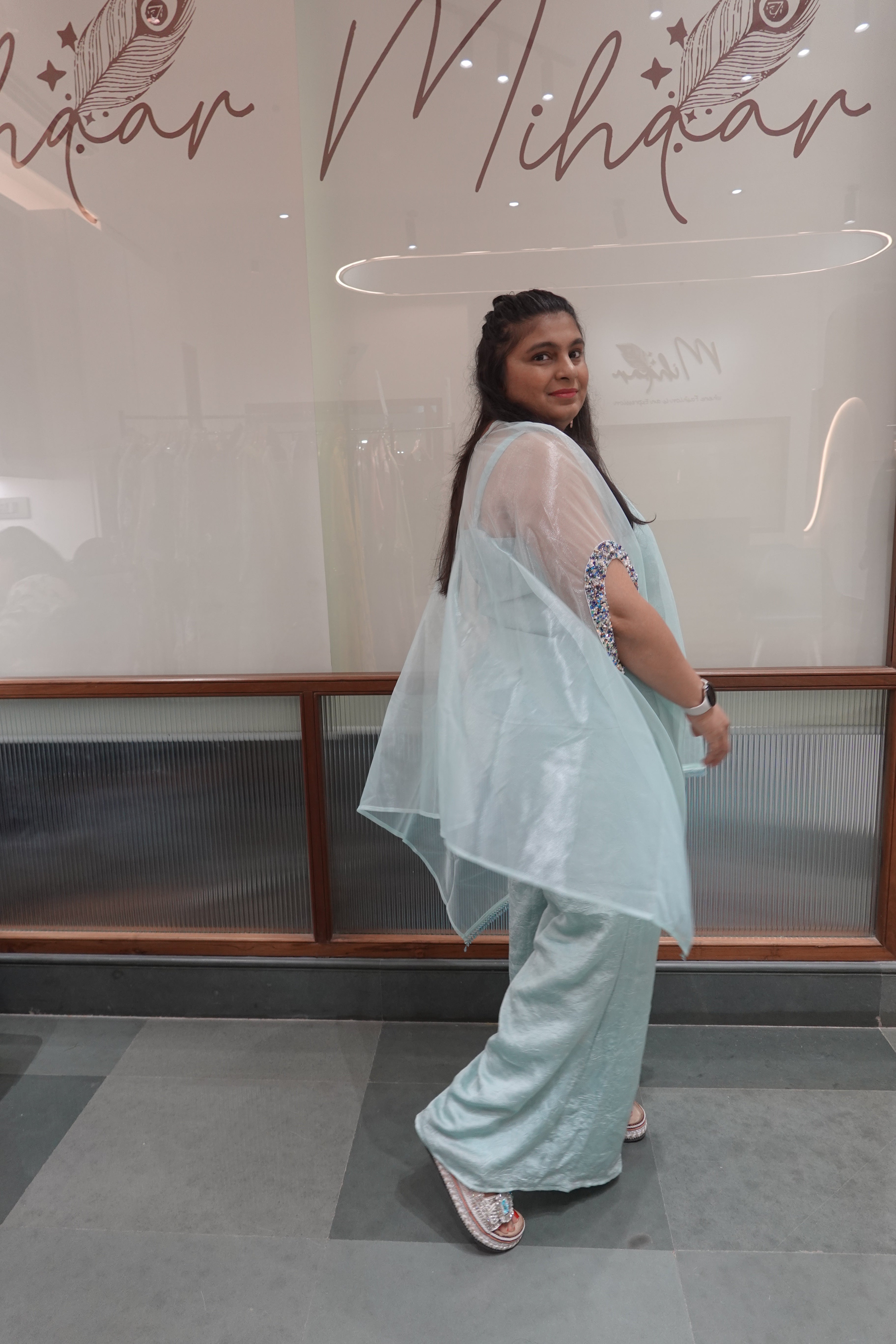 Icy Blue Cape-Style Cord Set with Embroidered Details