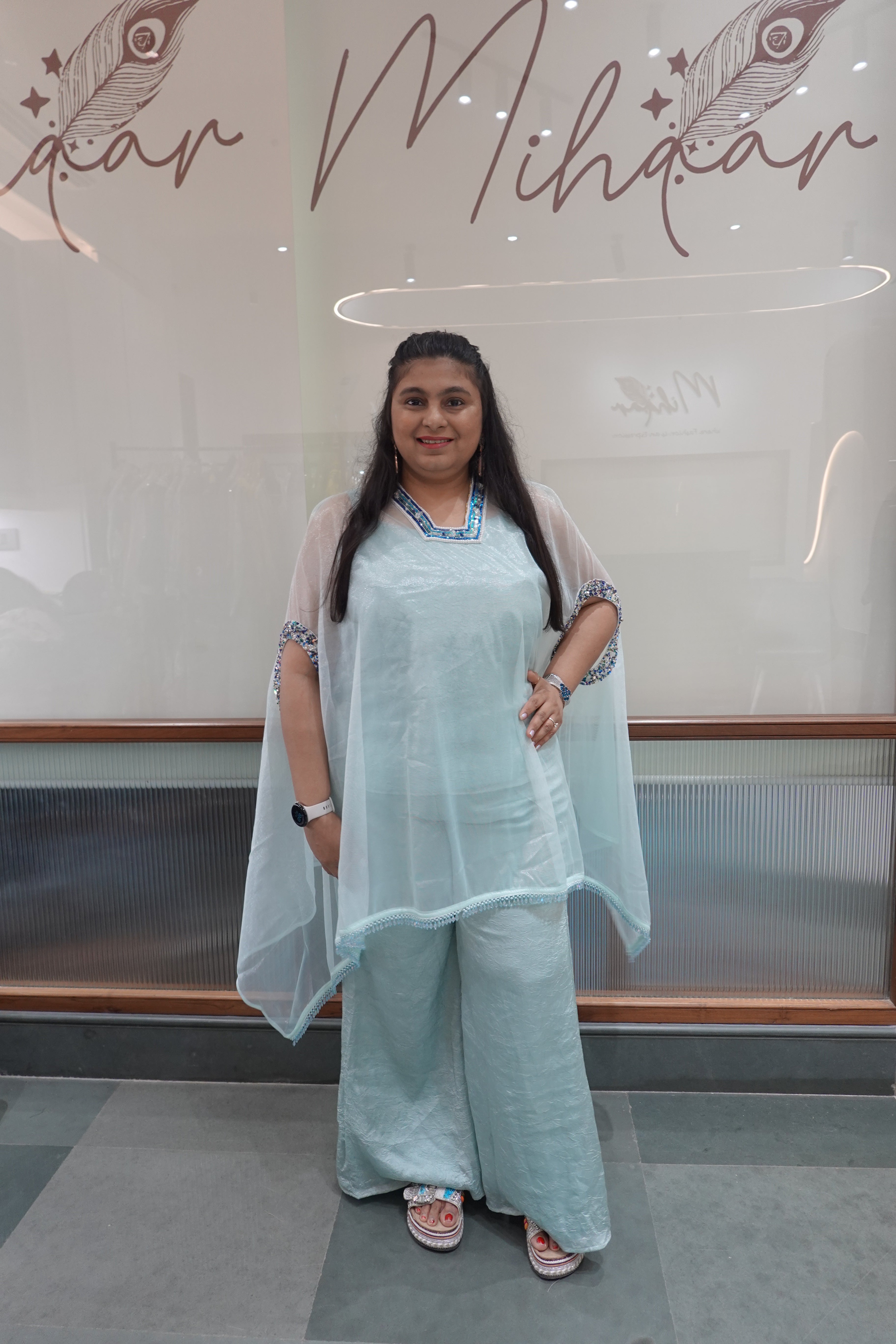 Icy Blue Cape-Style Cord Set with Embroidered Details