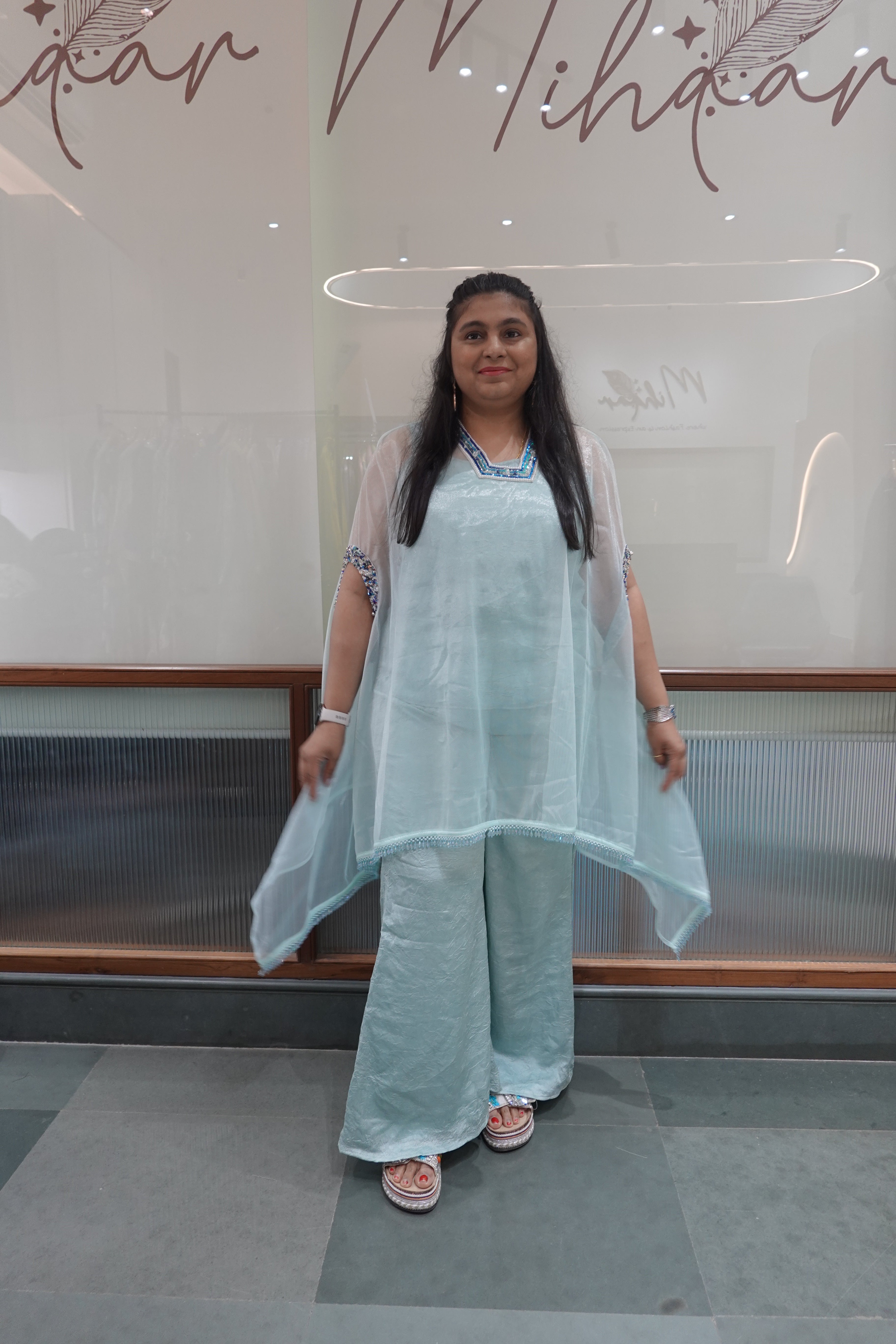 Icy Blue Cape-Style Cord Set with Embroidered Details