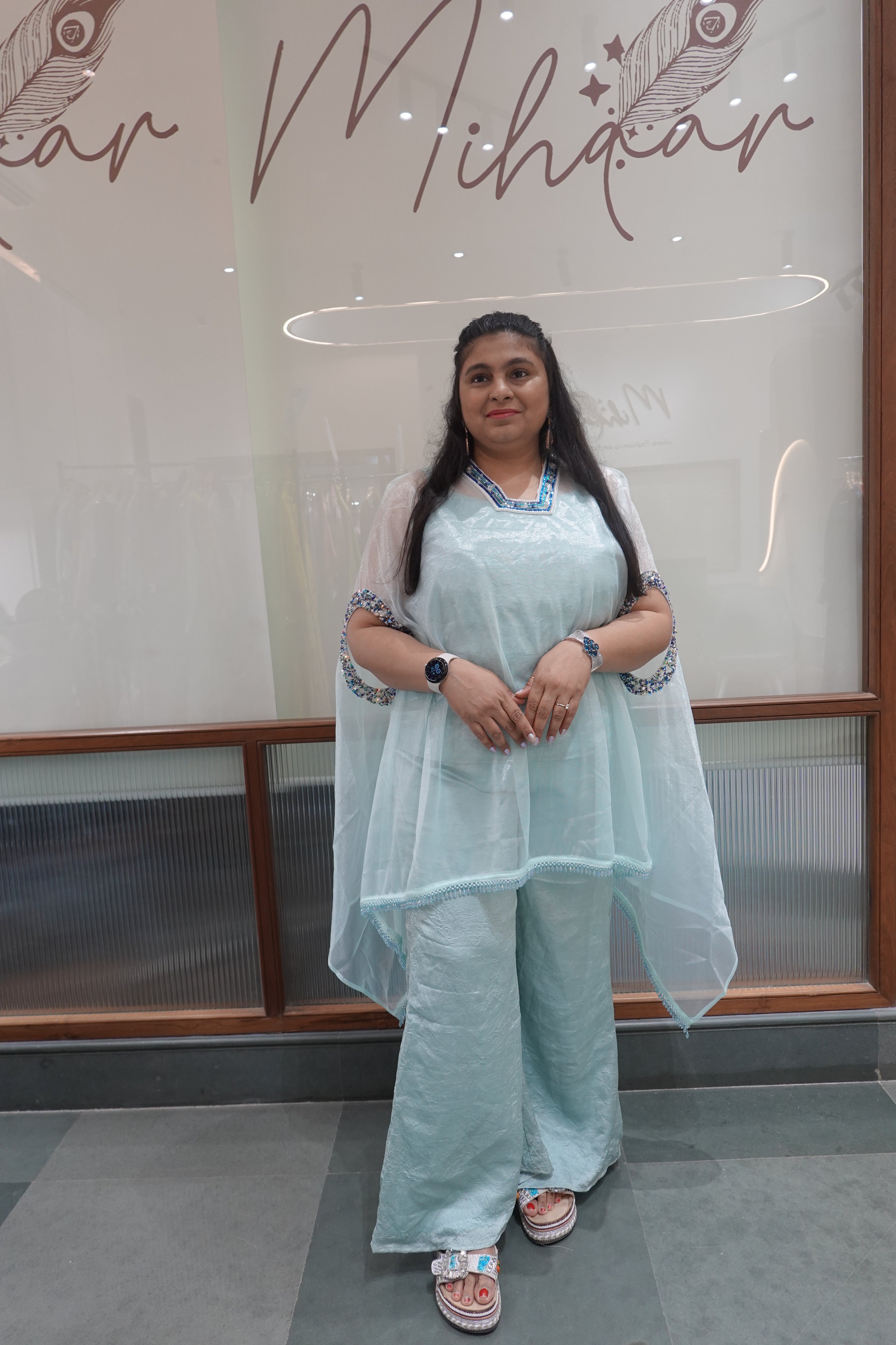 Icy Blue Cape-Style Cord Set with Embroidered Details