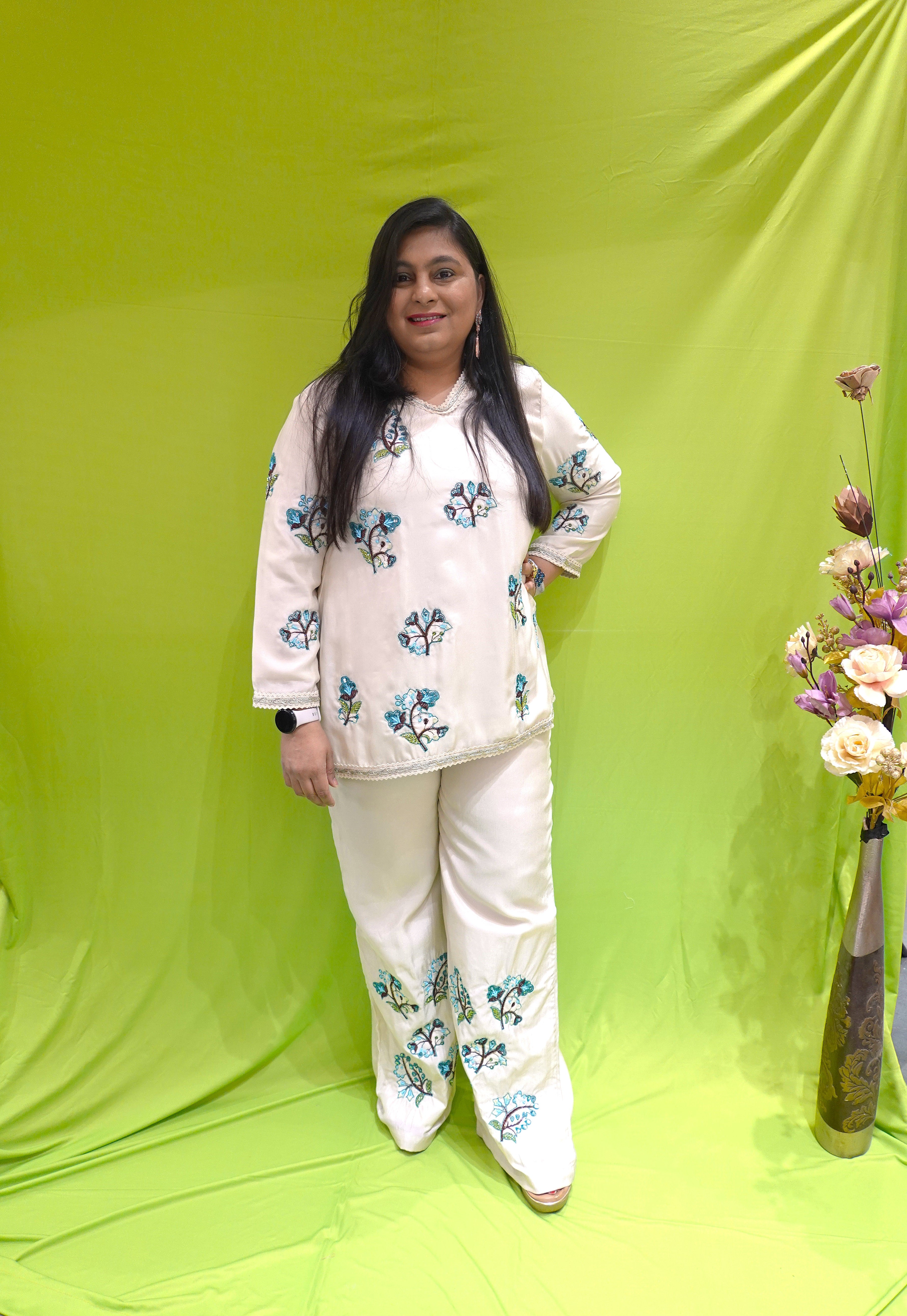 Elegant White Floral Cord Set for a Chic Look