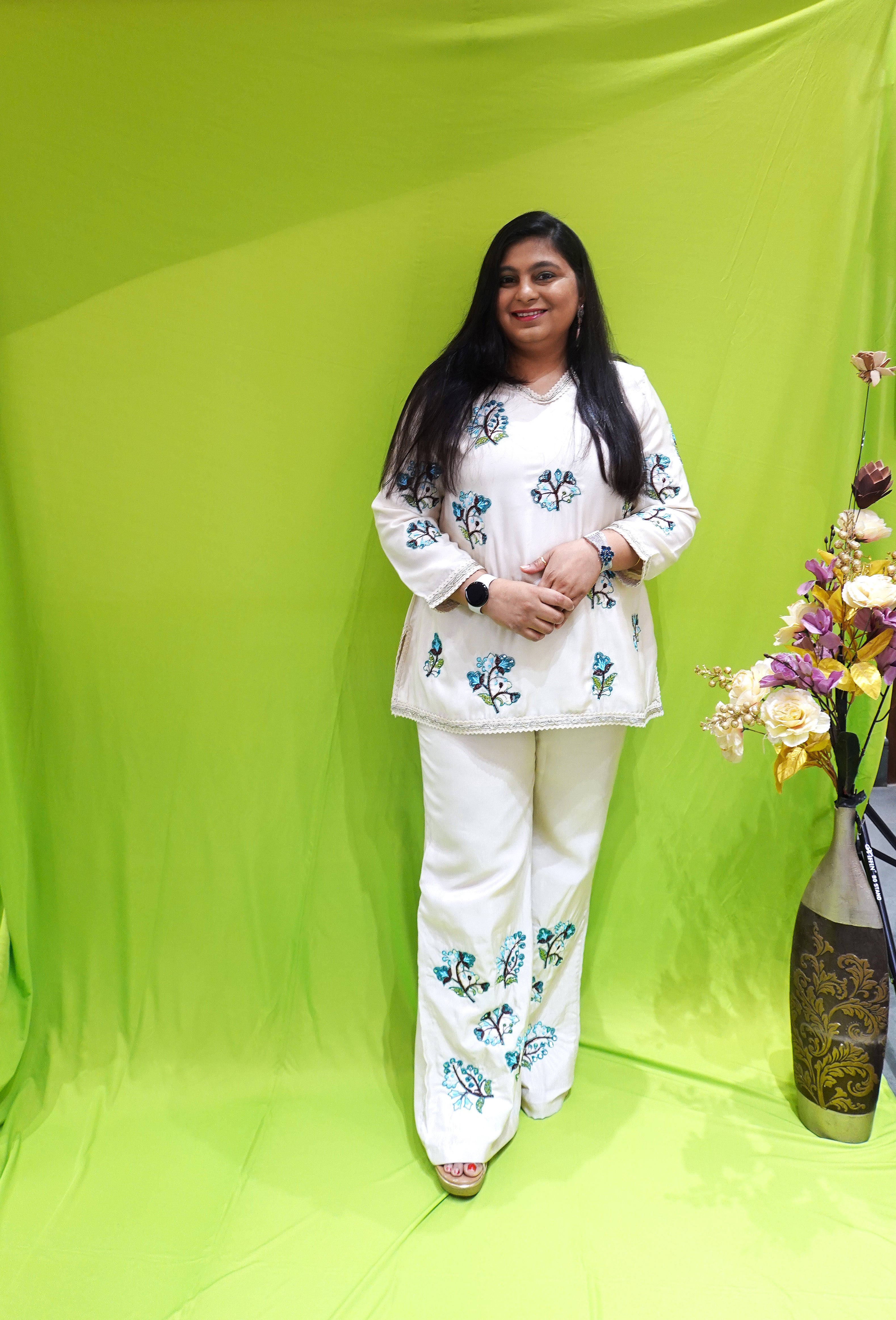 Elegant White Floral Cord Set for a Chic Look