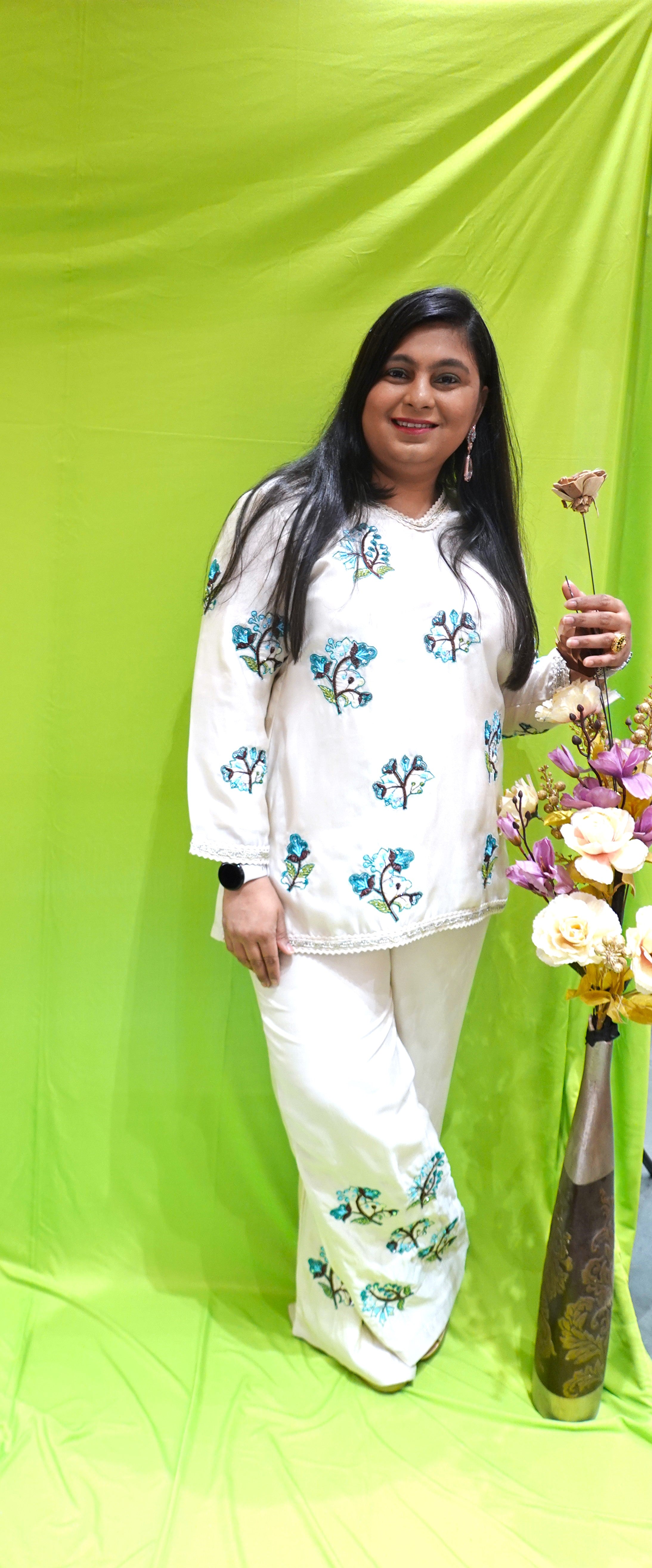 Elegant White Floral Cord Set for a Chic Look