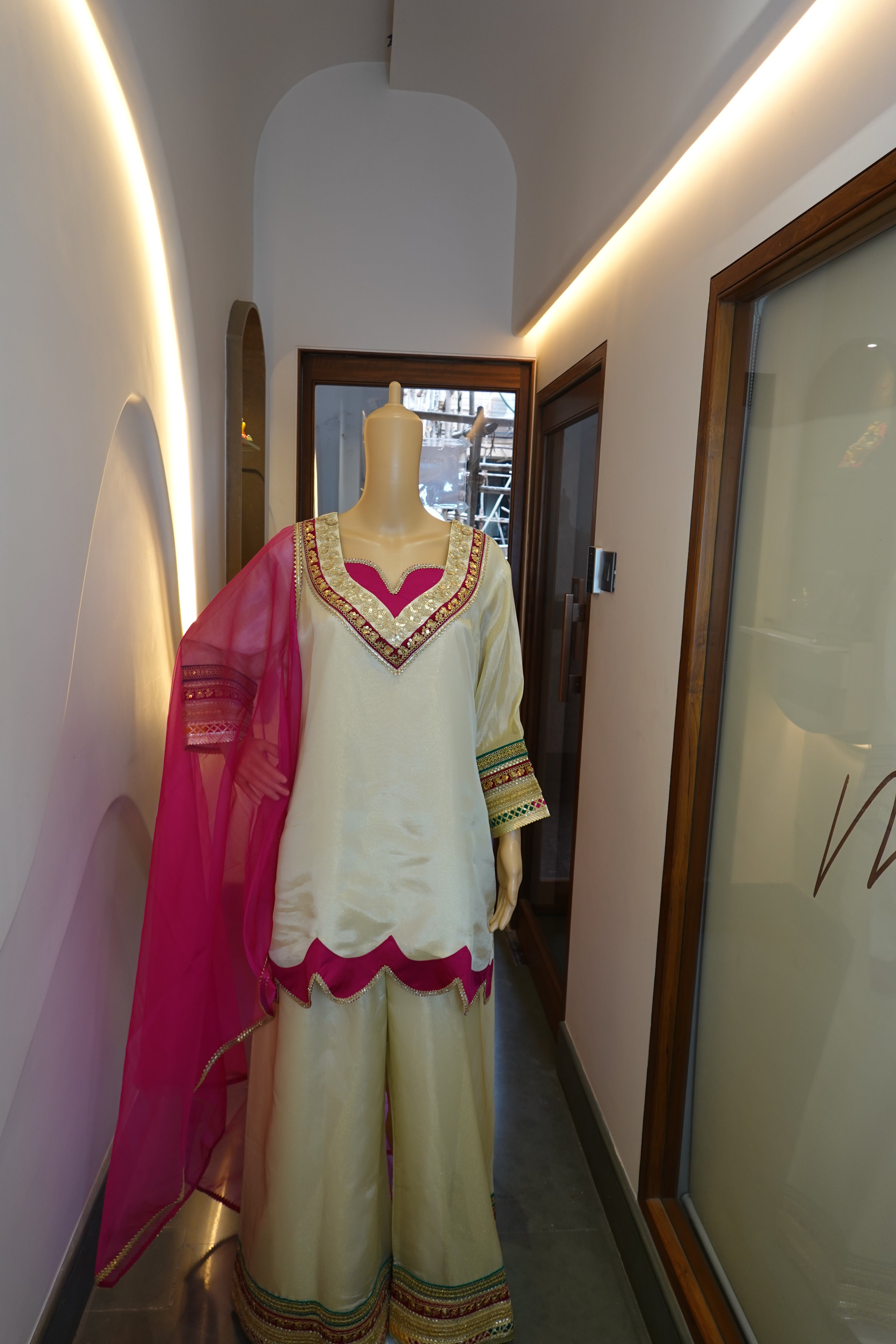 Ivory Embroidered Sharara Set with Hot Pink Dupatta