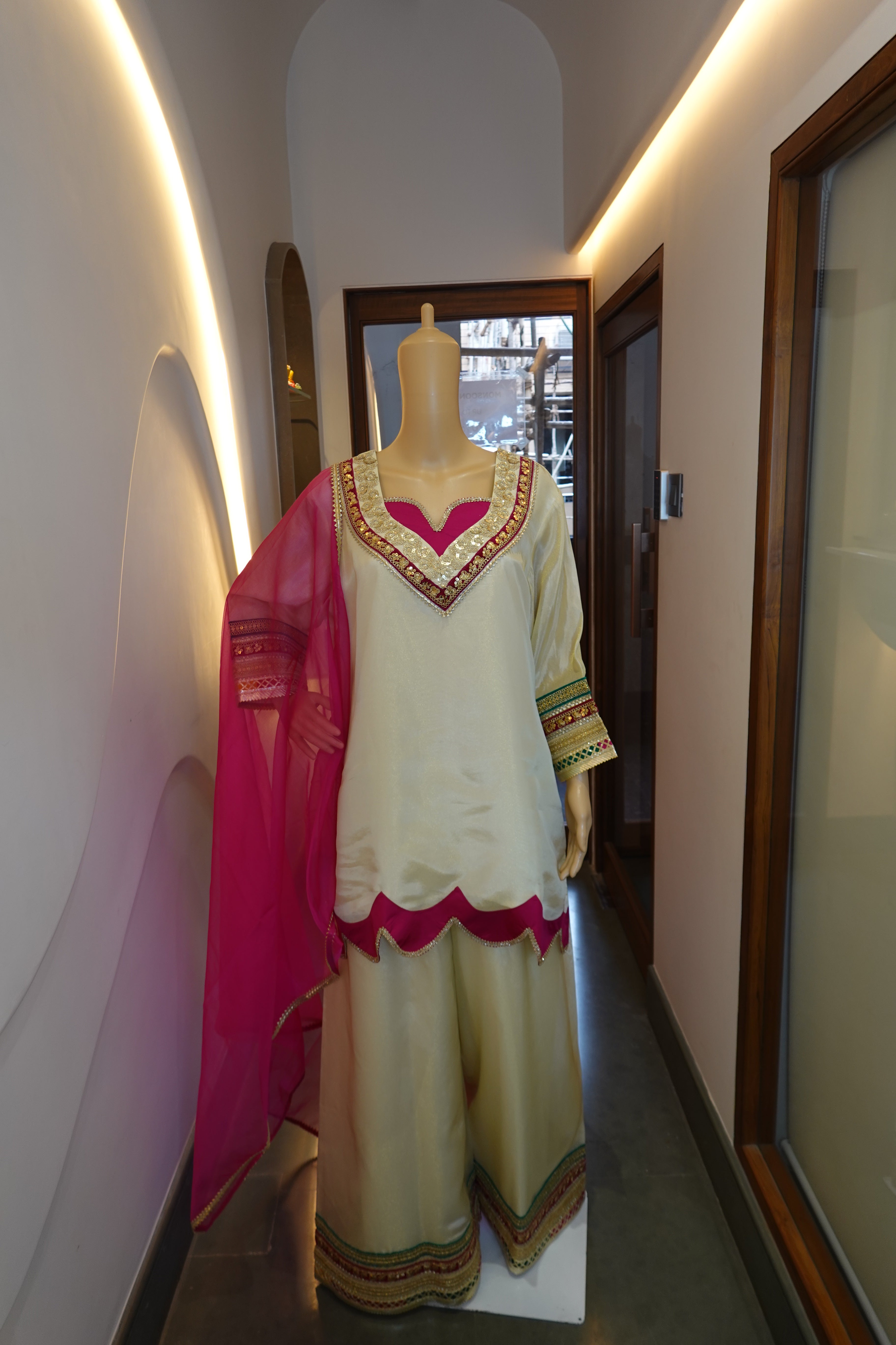 Ivory Embroidered Sharara Set with Hot Pink Dupatta