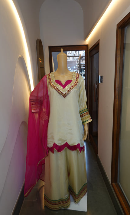 Ivory Embroidered Sharara Set with Hot Pink Dupatta