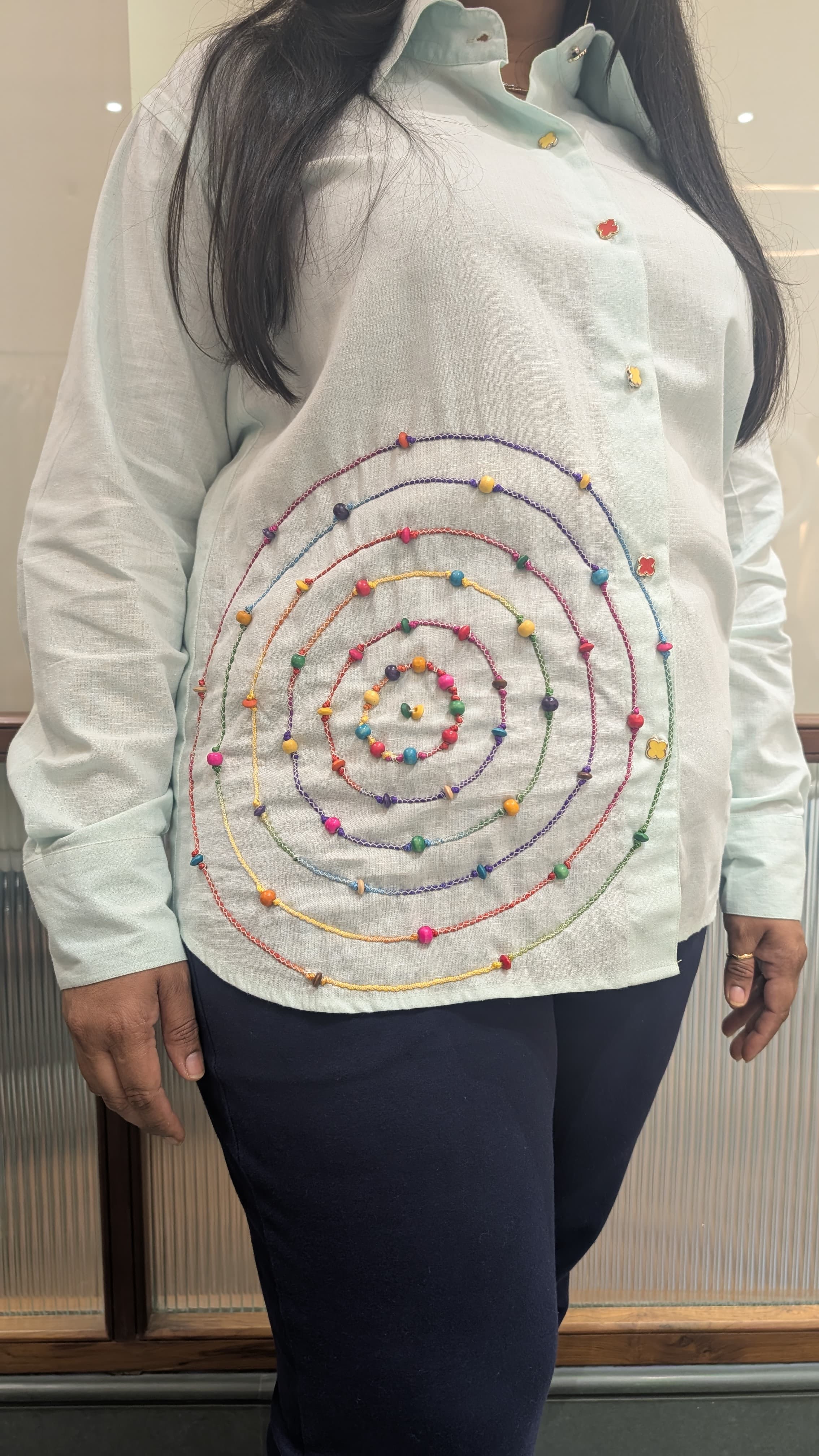 White Collared Spiral Embroidered Shirt – Vibrant Detail with a Smart Twist