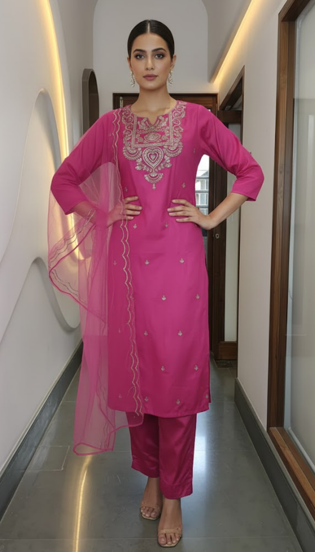 Magenta Mirror Work Suit Set with Net Dupatta (3-Piece Festive Edit)