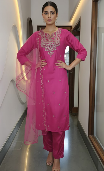 Magenta Mirror Work Suit Set with Net Dupatta (3-Piece Festive Edit)