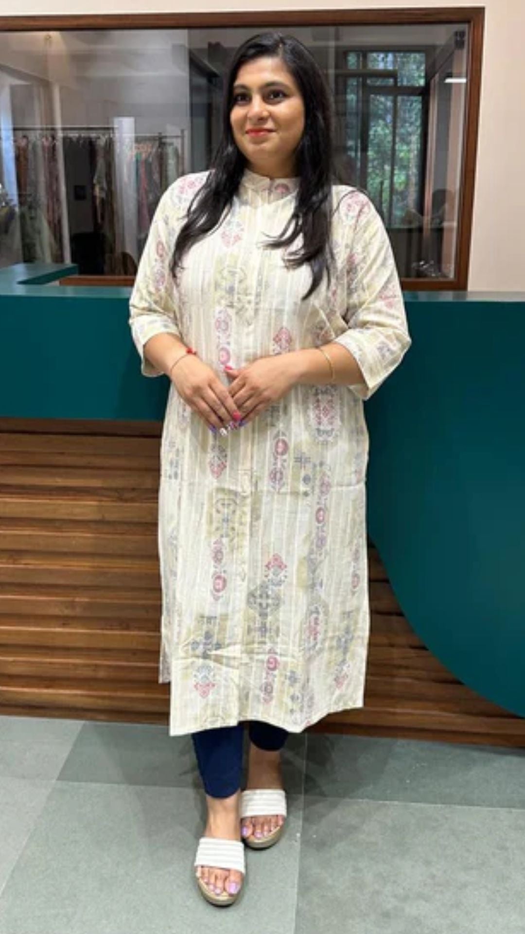 Ivory Base Printed Cotton Kurti with Pastel Florals – Soft & Stylish