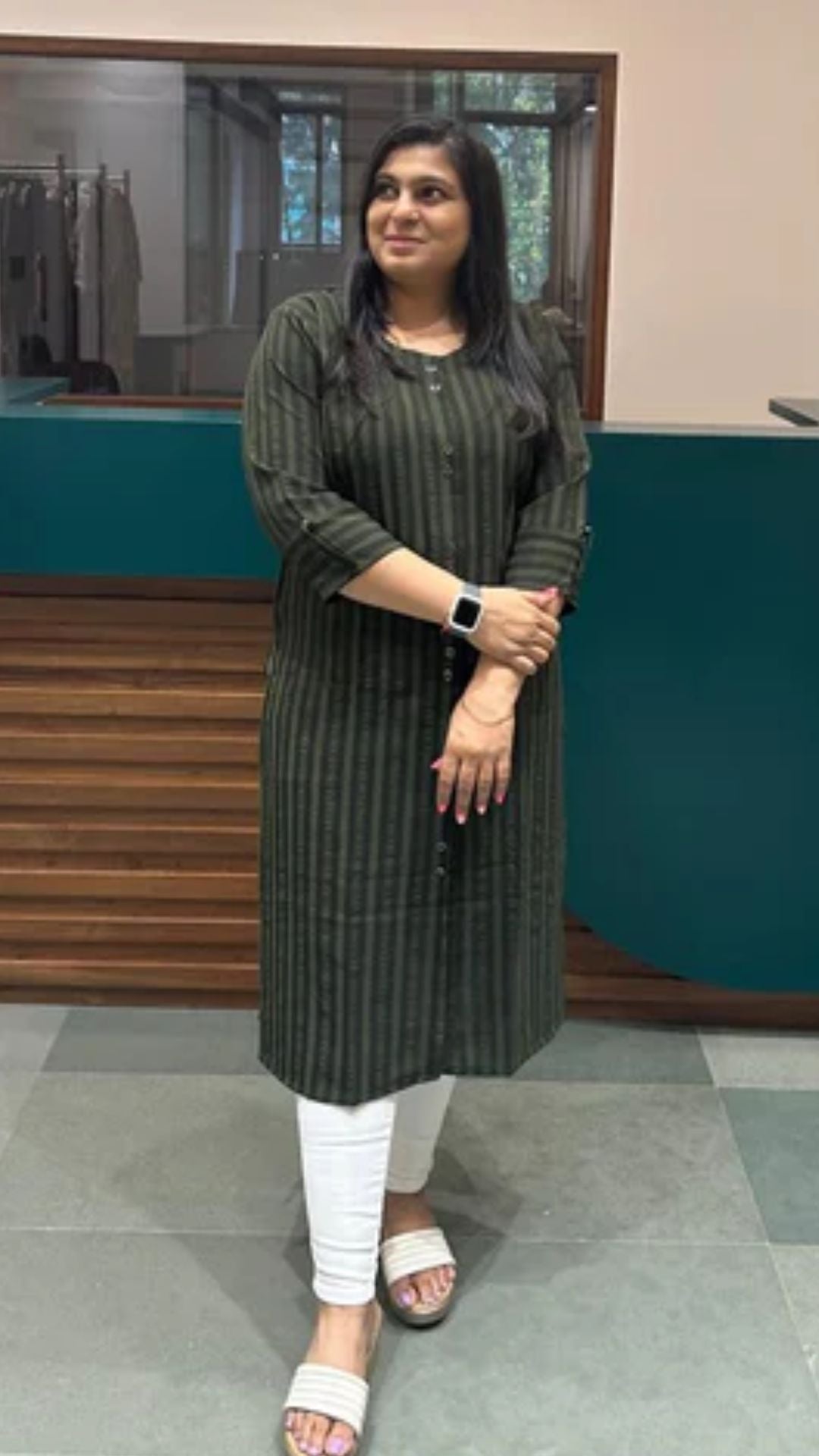 Dark Olive Green Printed Kurti in Cotton – Classic Everyday Wear